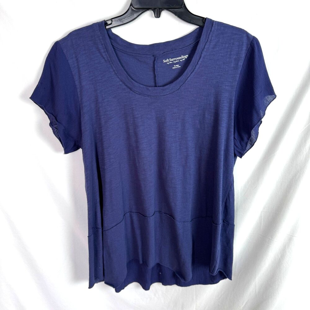 Soft Surroundings Women's T-Shirt Top Size XL Blue Raw Hem Short Sleeves